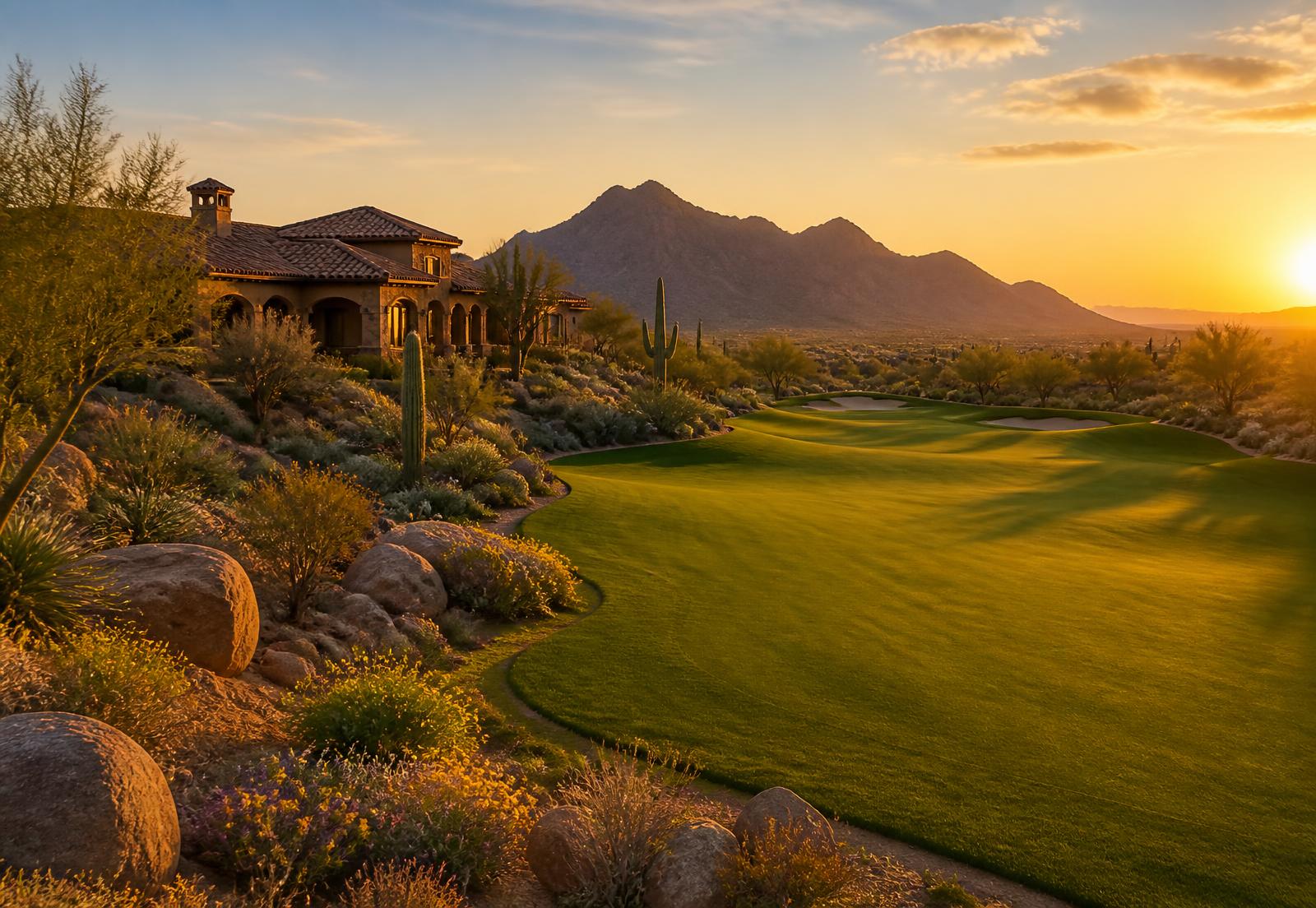 Private desert golf fairway at sunset in North Scottsdale with manicured turf edged by natural desert wash, boulders and a tile-roofed luxury home set back behind desert landscaping
