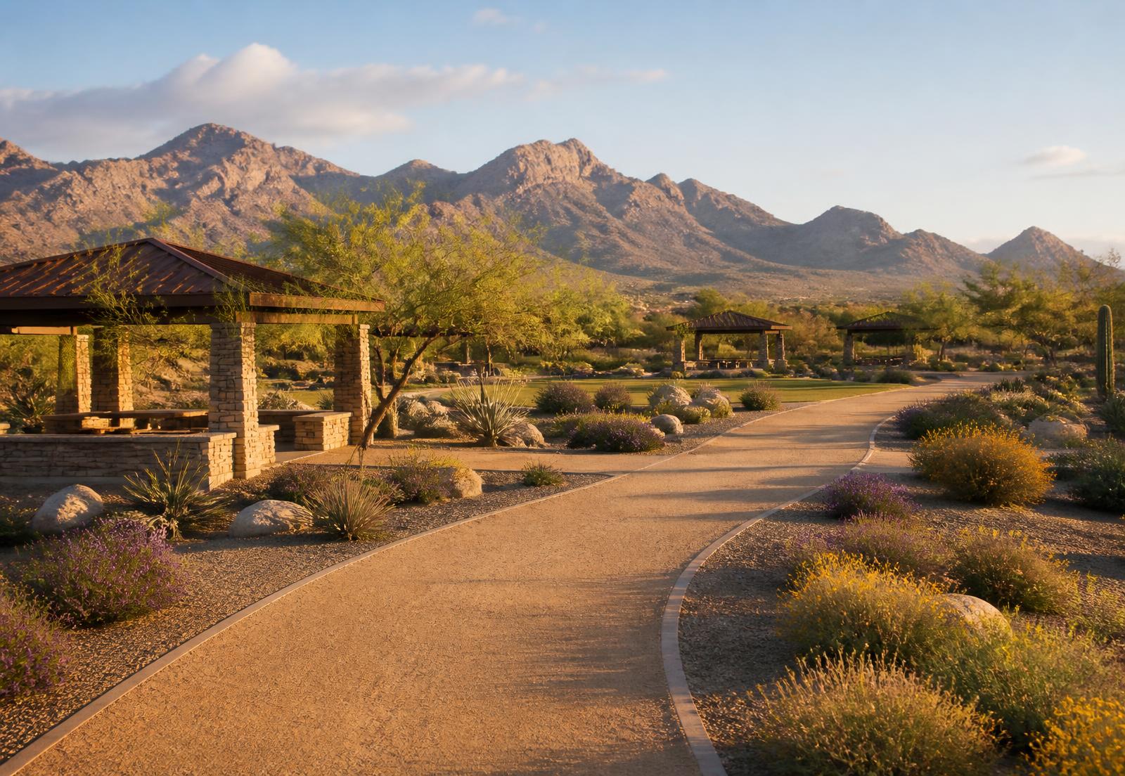 Landscaped decomposed granite walking path and desert park with stone ramadas in a North Scottsdale master-planned community, with the McDowell Mountains beyond in late afternoon light