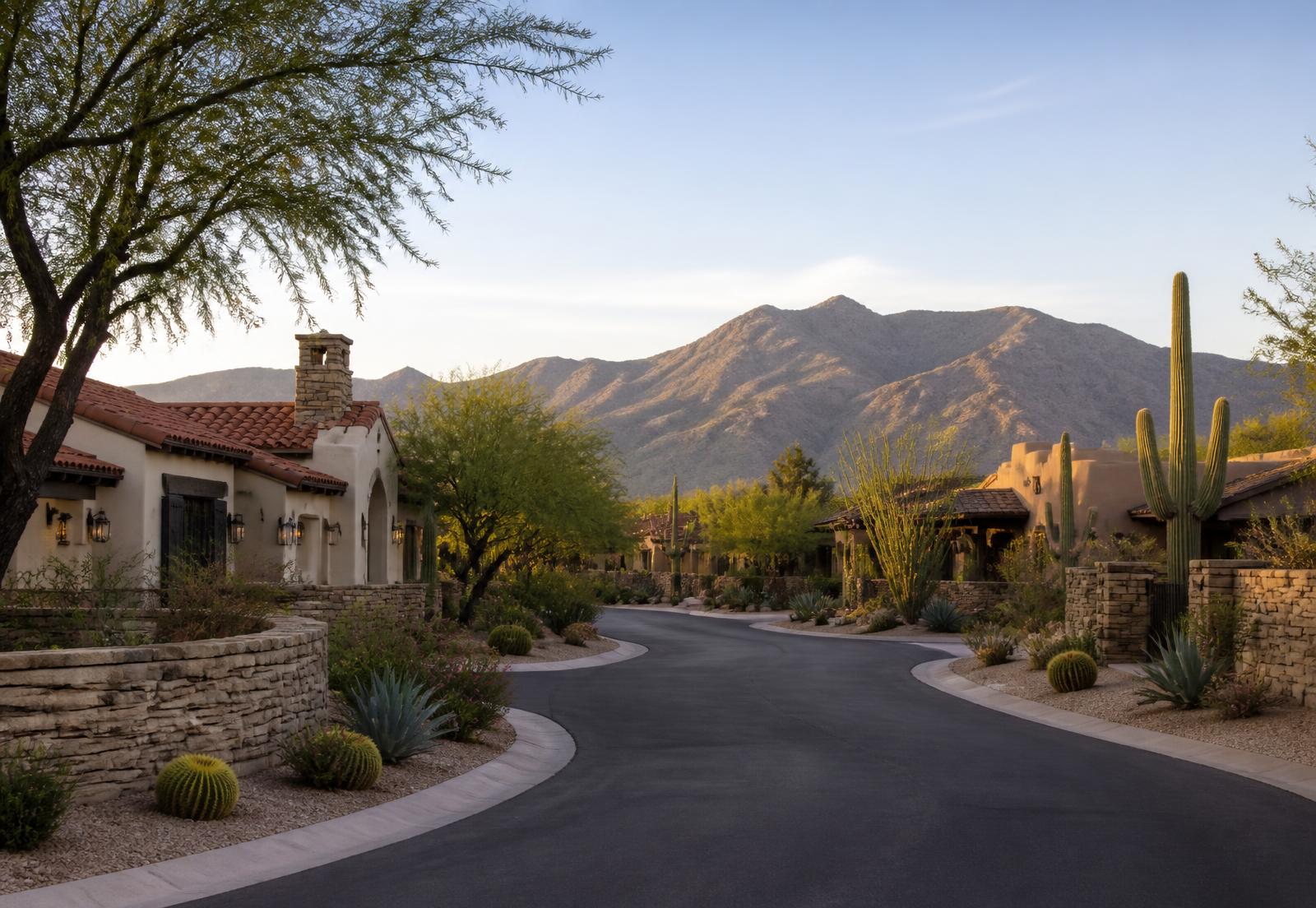 Landscaped residential street in a North Scottsdale master-planned desert community with stone walls, desert trees and varied luxury homes beneath the McDowell Mountains