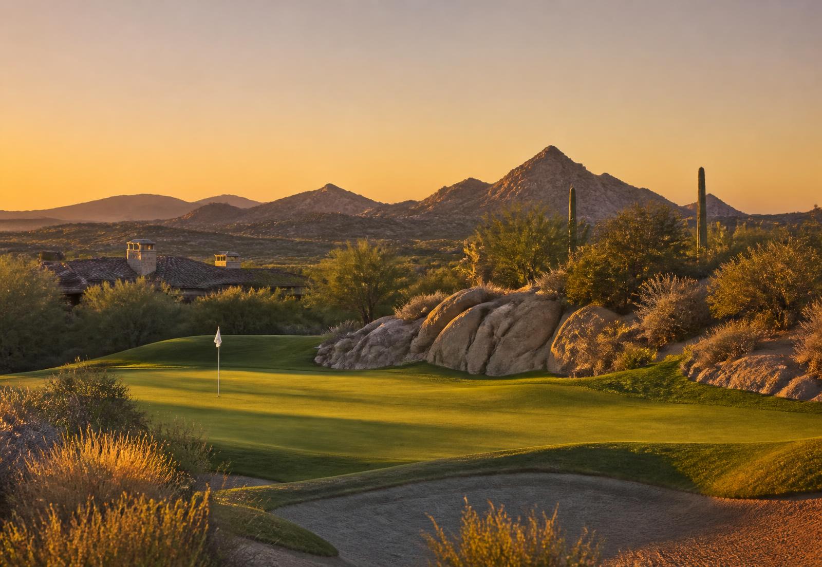 Private desert golf green at golden hour edged by granite outcroppings and saguaro cactus in North Scottsdale, with a tile-roofed estate beyond and mountain ridgelines on the horizon