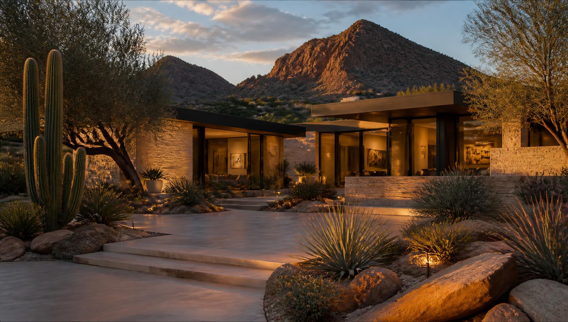 Arizona luxury residence illuminated at golden hour