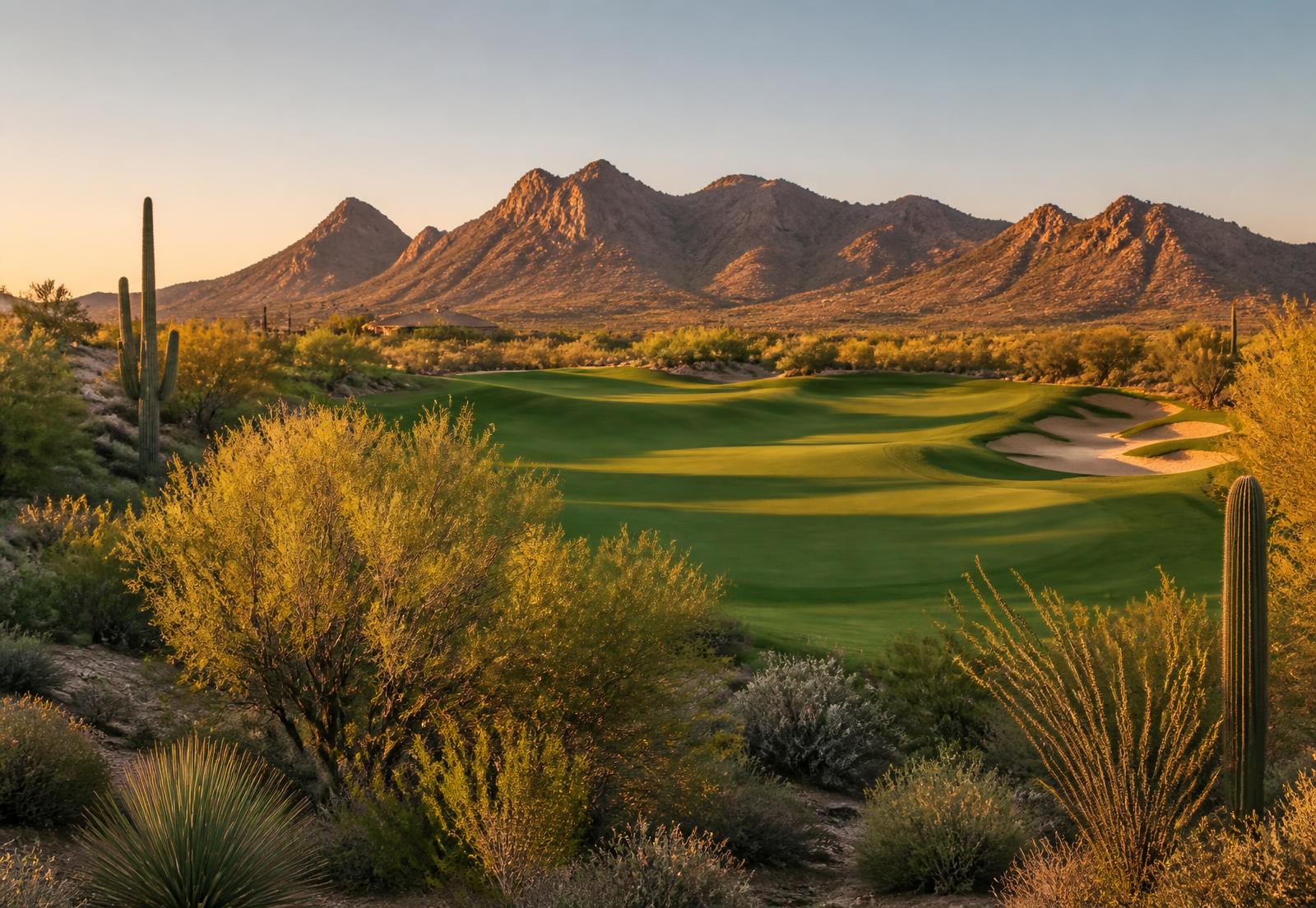 A North Scottsdale desert golf fairway at late afternoon framed by saguaro, palo verde and natural desert areas with a mountain ridgeline beyond