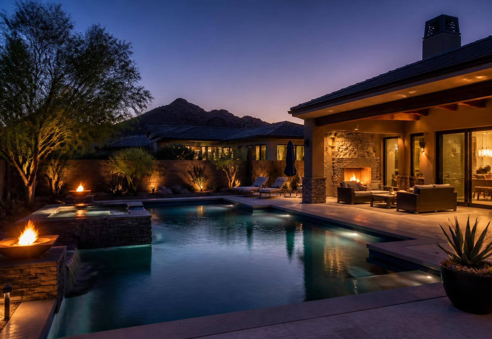 Twilight view of a resort-style North Scottsdale backyard with a lit pool, covered patio, outdoor fireplace and mature desert landscaping below a mountain silhouette