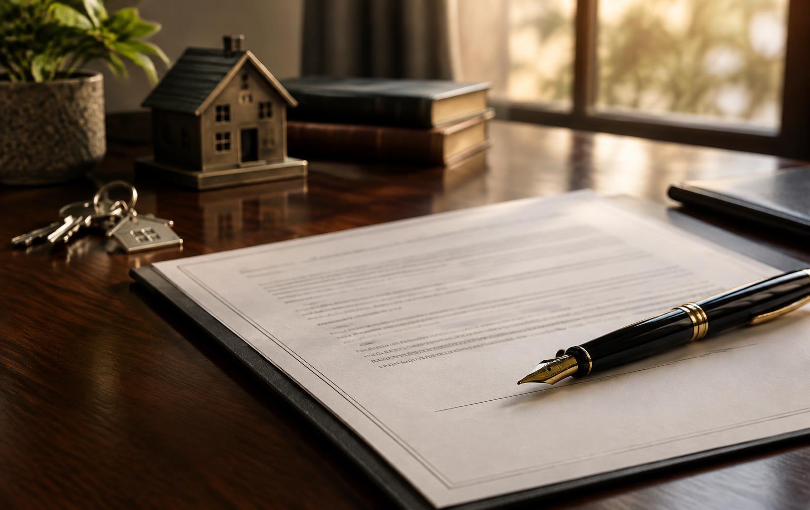 Purchase contract and fountain pen on a walnut closing table