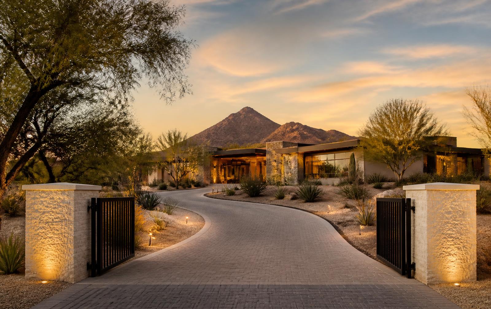 Long private gated drive leading to a refined Arizona luxury residence at golden hour with desert landscaping and mountain backdrop