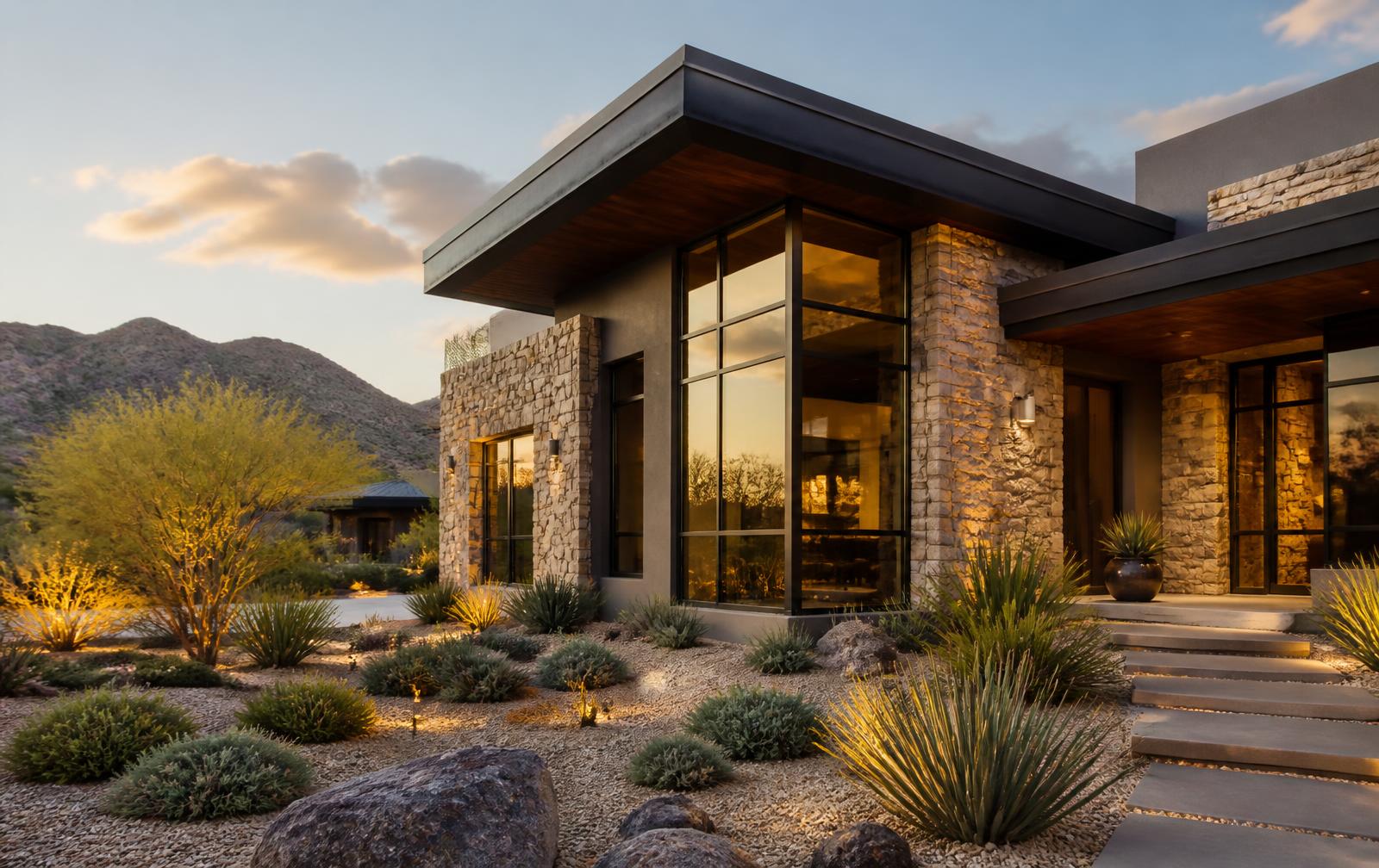 Modern Arizona luxury residence at golden hour showing stone, steel-framed glass and refined construction detail