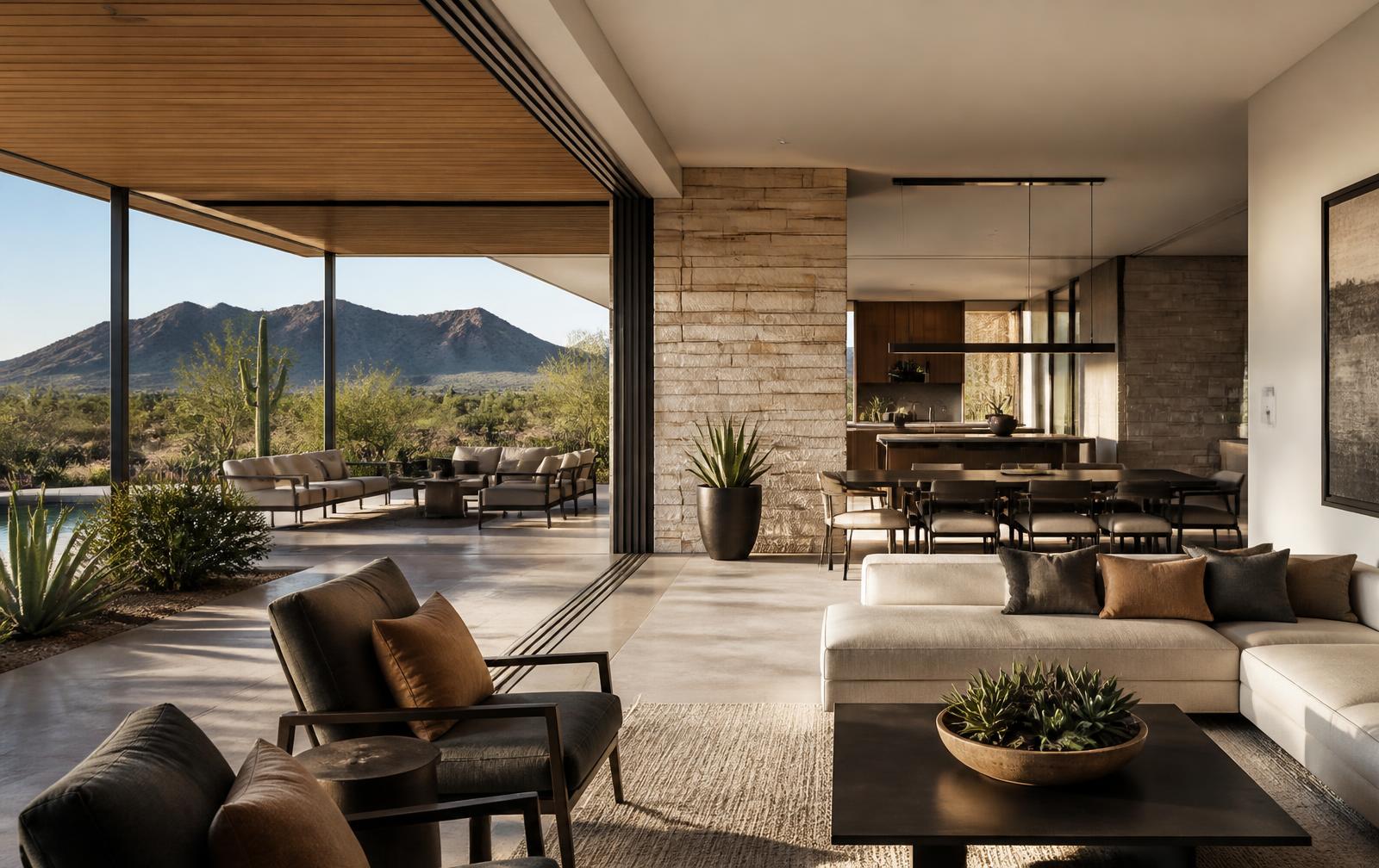 Prepared Arizona luxury residence with open glass walls, natural light and a shaded outdoor living terrace framed by desert mountains