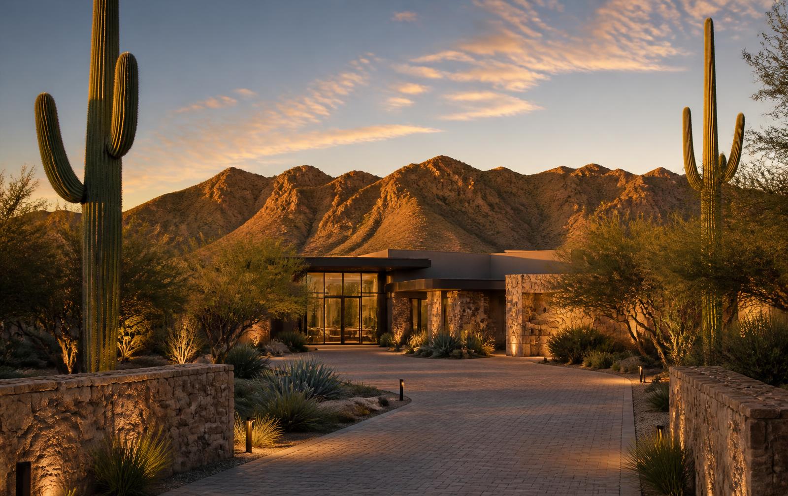 Private gated Arizona desert estate at golden hour with a long driveway approach and mountain backdrop