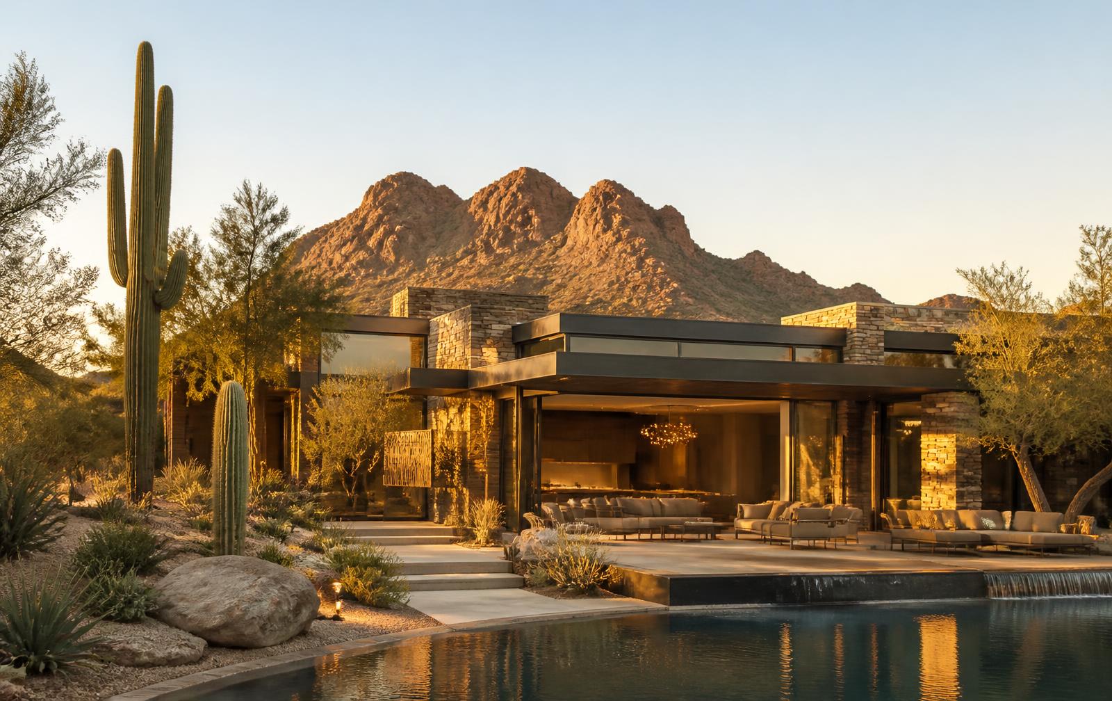 Contemporary Paradise Valley luxury estate on a large private lot at golden hour with Camelback Mountain behind and open indoor-outdoor living