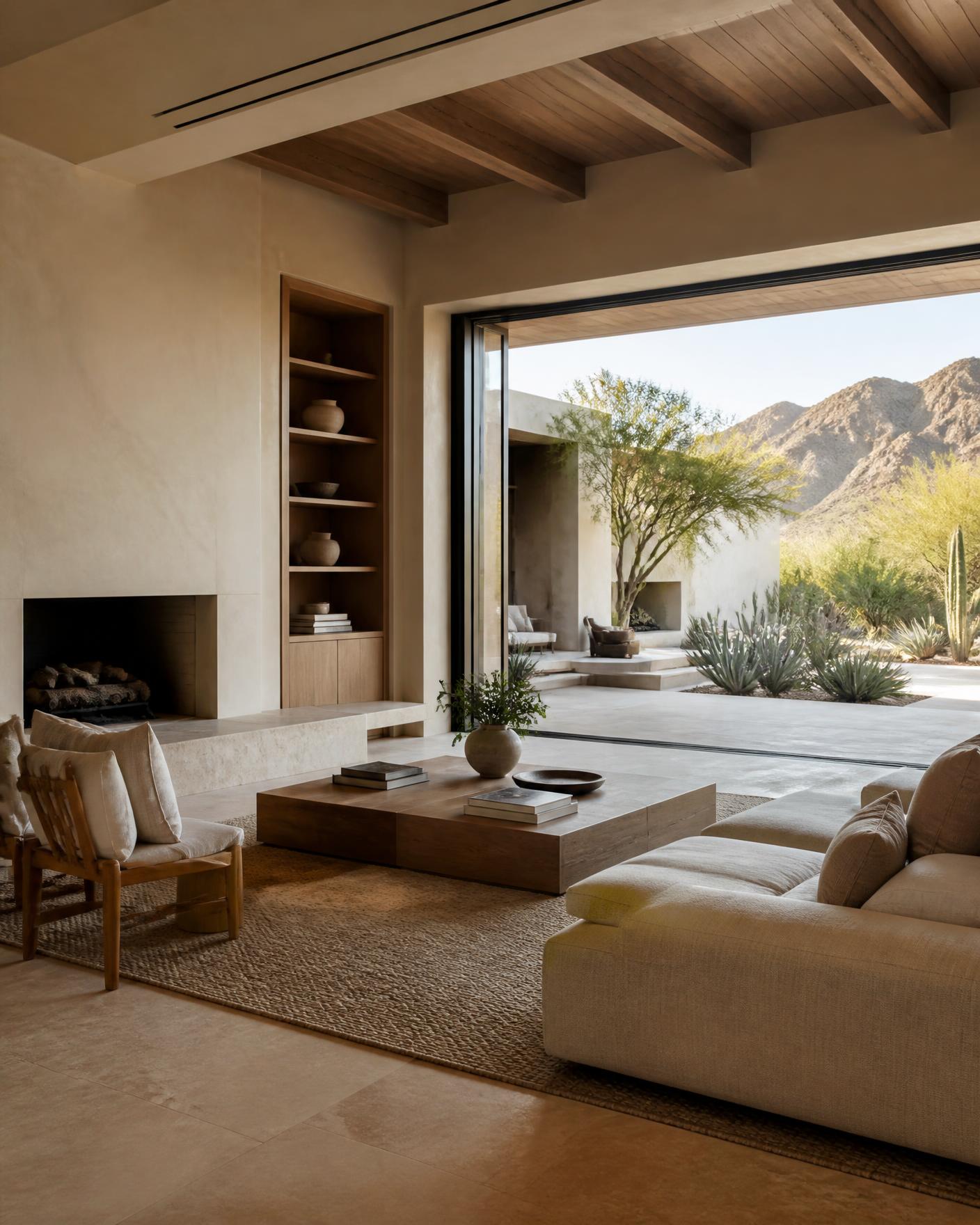 Contemporary Arizona luxury interior with stone floors, oak millwork and full-height glass opening to a desert courtyard
