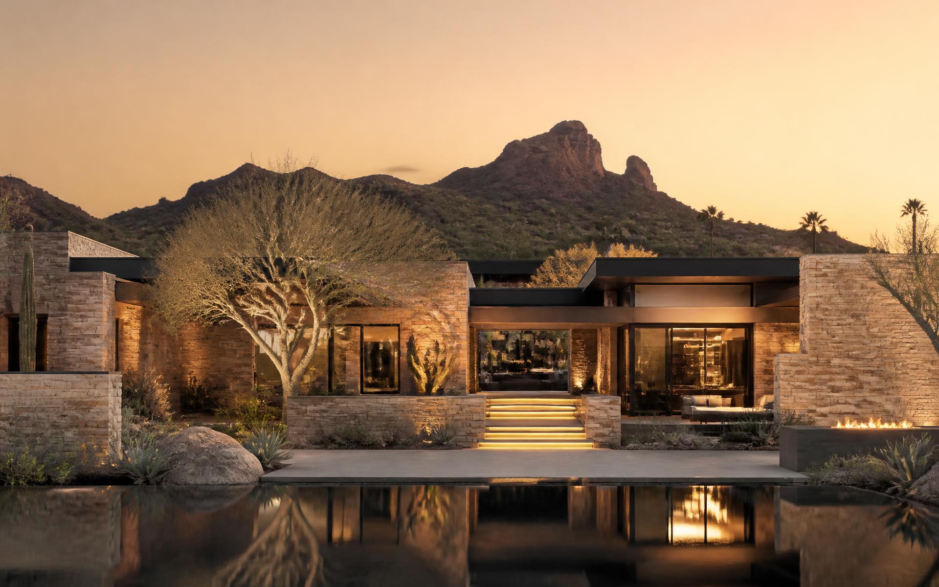 Contemporary Arizona luxury desert estate at dusk with stone and glass volumes, warm interior light and a still reflecting pool below a desert mountain