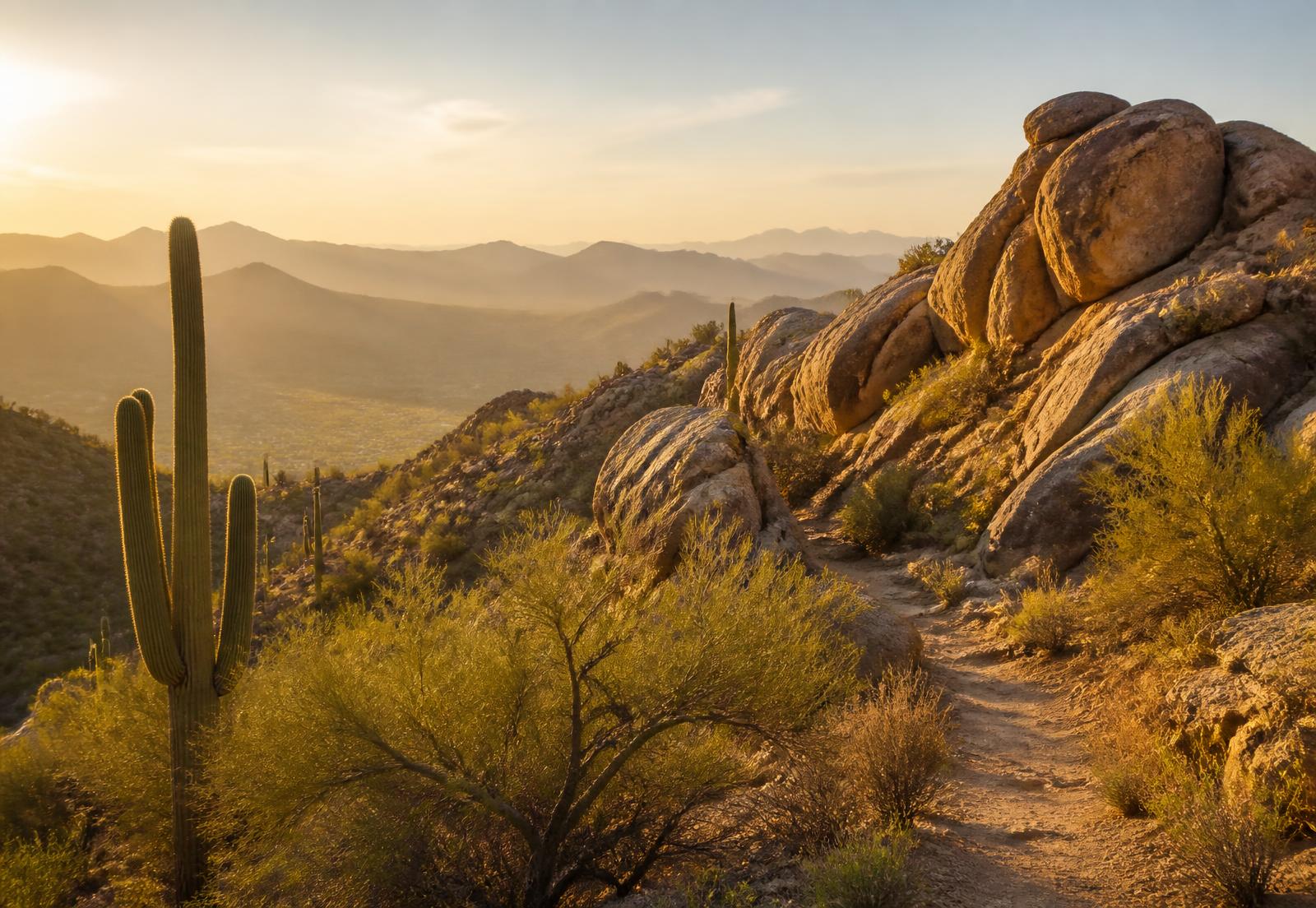 Golden-hour high Sonoran Desert landscape near Pinnacle Peak with weathered granite boulder outcroppings, mature saguaro, palo verde and layered mountain ridgelines fading into warm haze