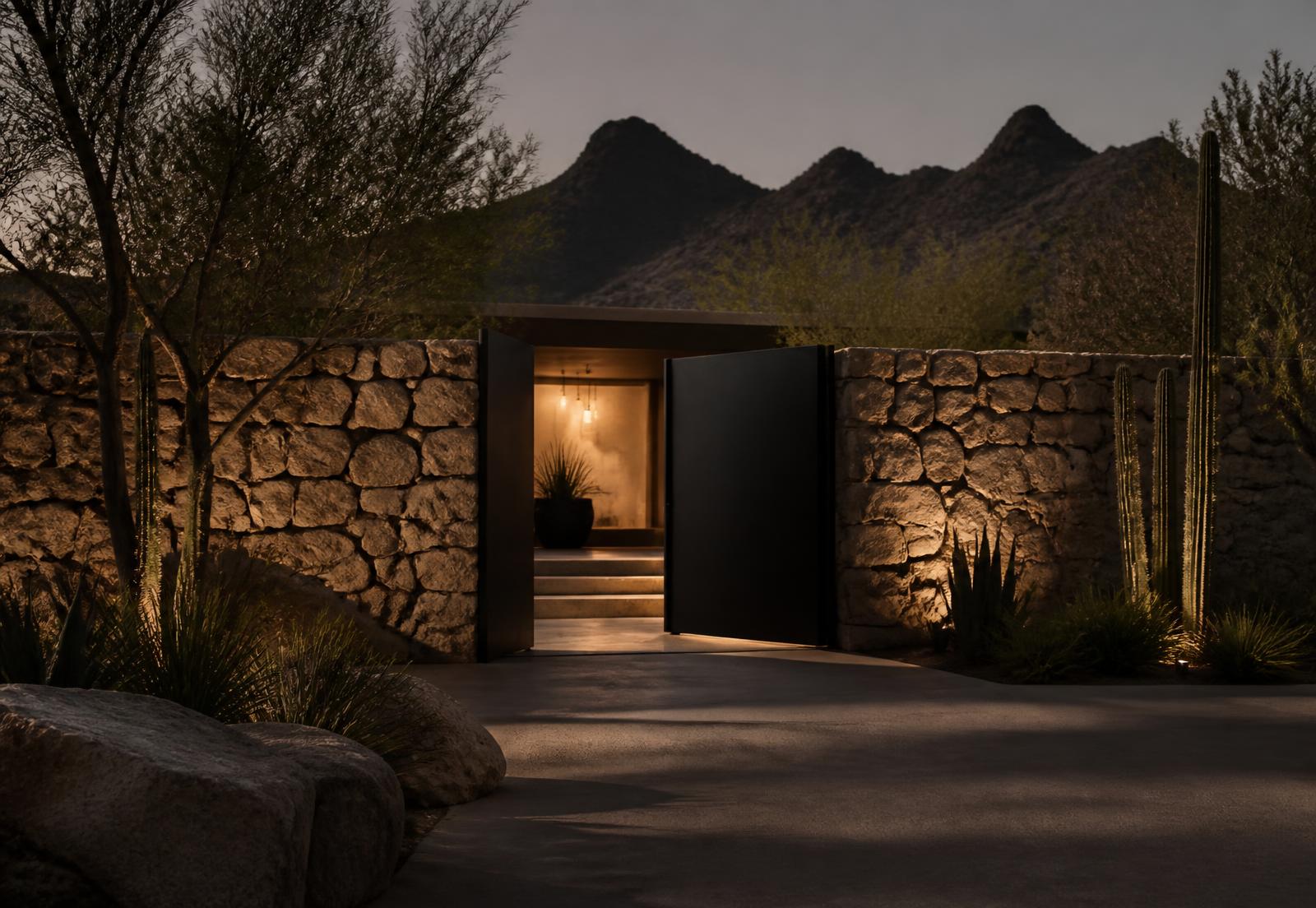Private gated entry of a Scottsdale desert residence at dusk with a stone wall and warm interior light