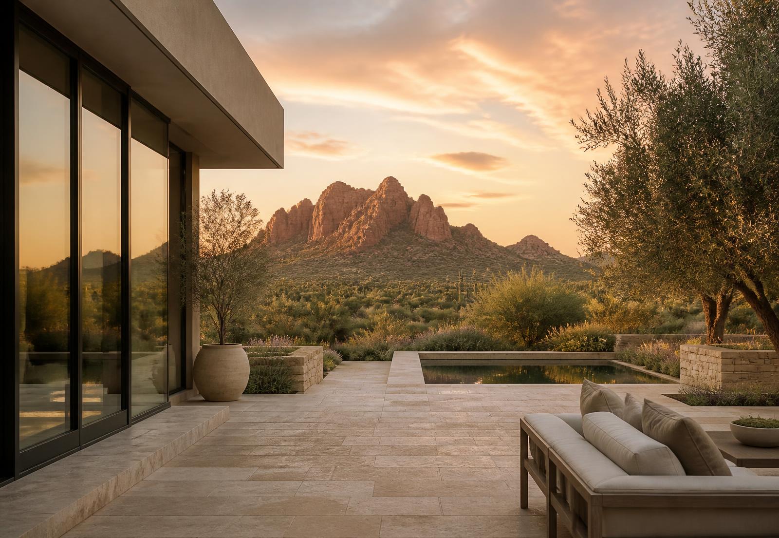 Limestone terrace of a Paradise Valley luxury home at sunset with full-height glass, olive trees and an unobstructed desert mountain view