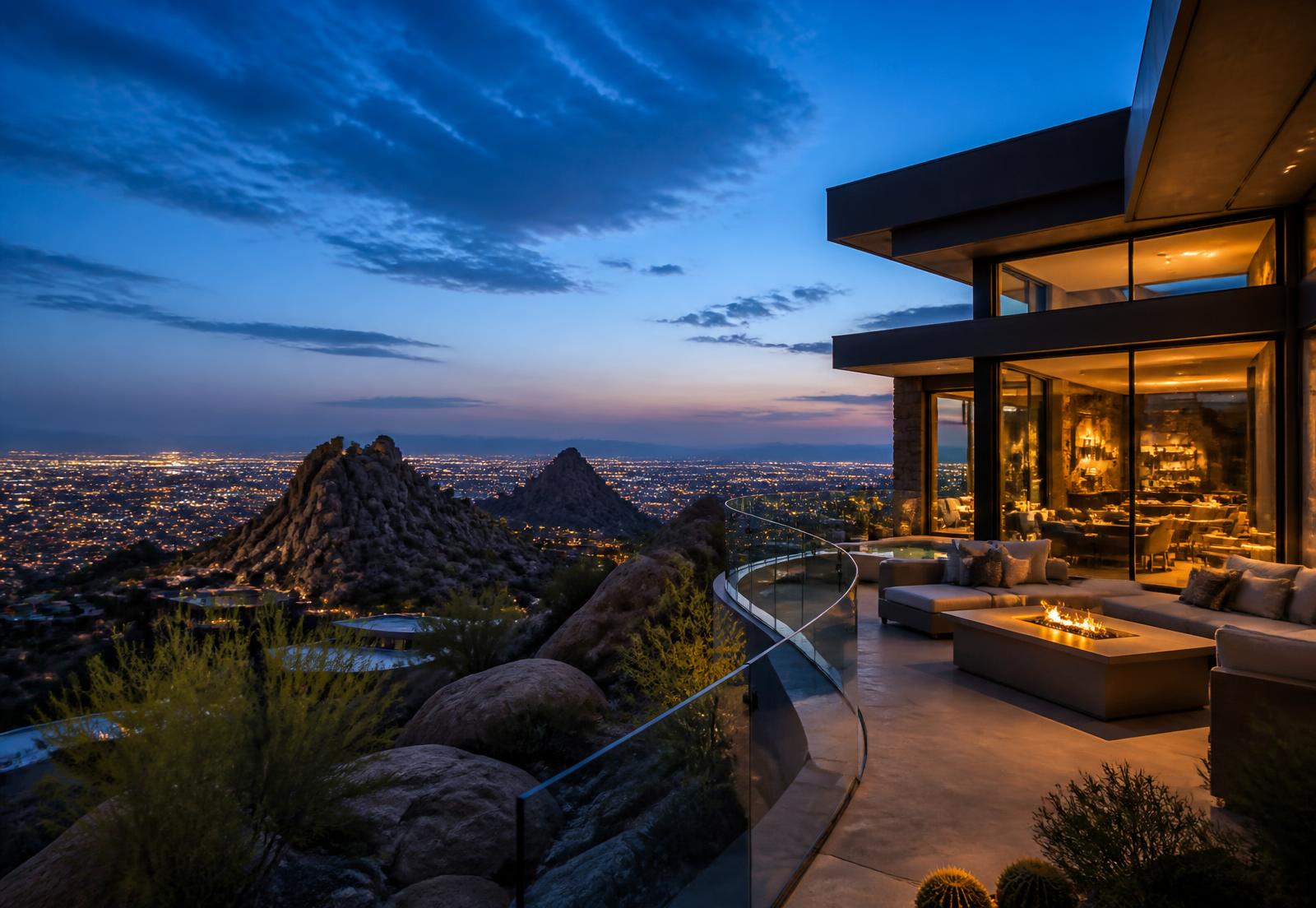 Elevated Scottsdale hillside residence at blue hour with a glass-railed terrace overlooking granite outcroppings and valley city lights