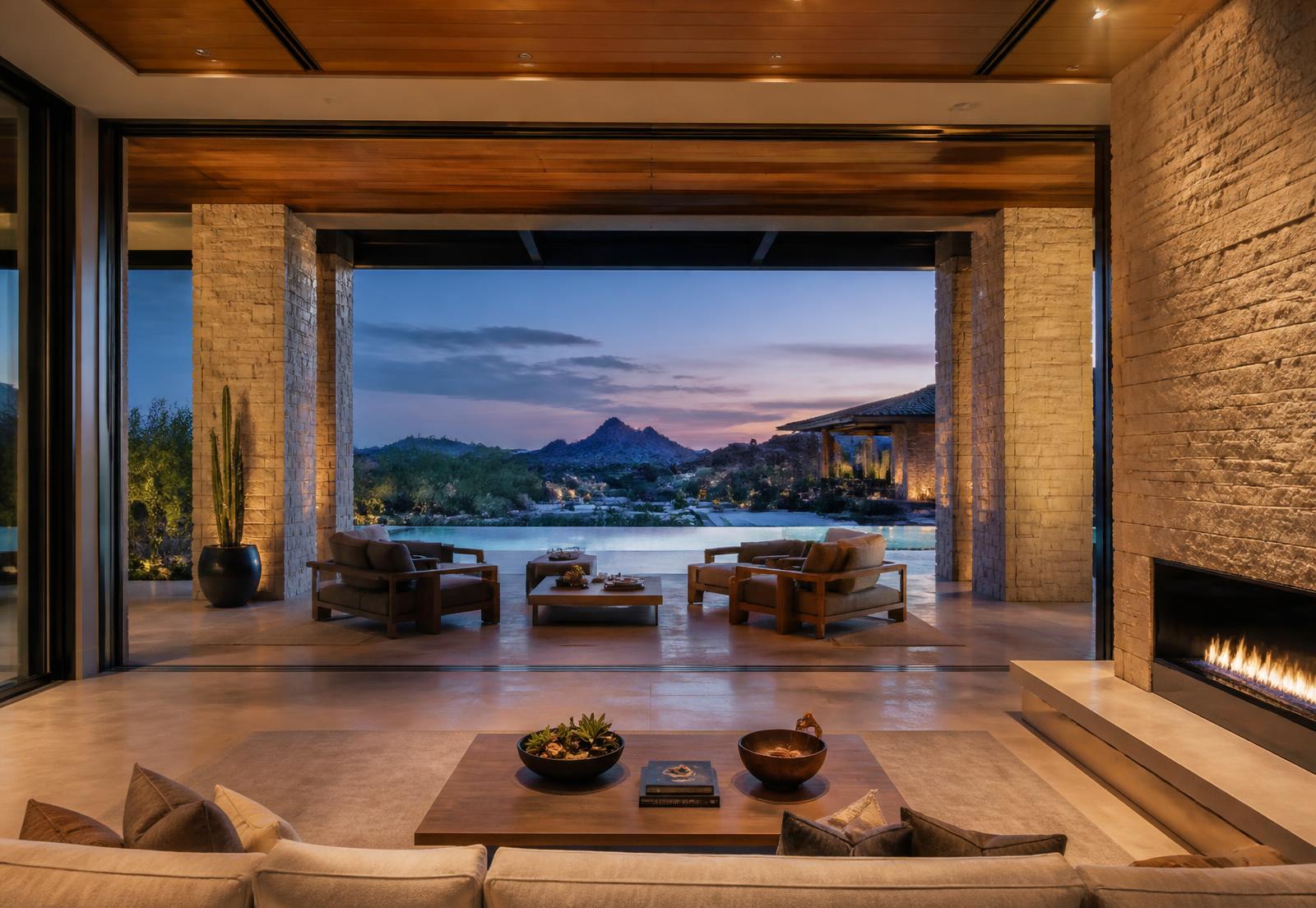 Indoor-outdoor living space of a custom Arizona desert estate with pocketing glass walls open to a stone loggia, linear fireplace and desert mountain views at dusk